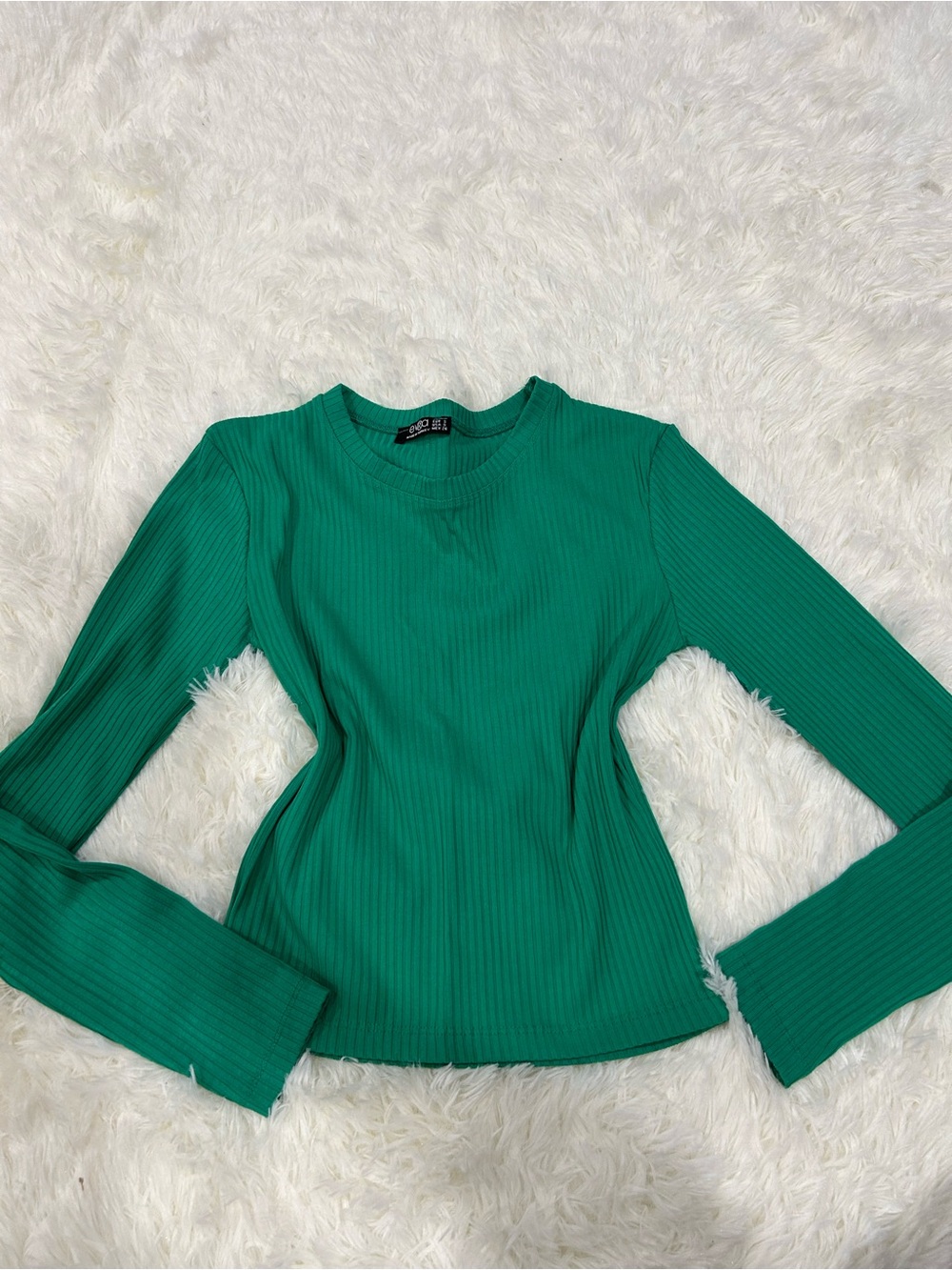 Zara Green Ribbed Long-Sleeve Crewneck Top